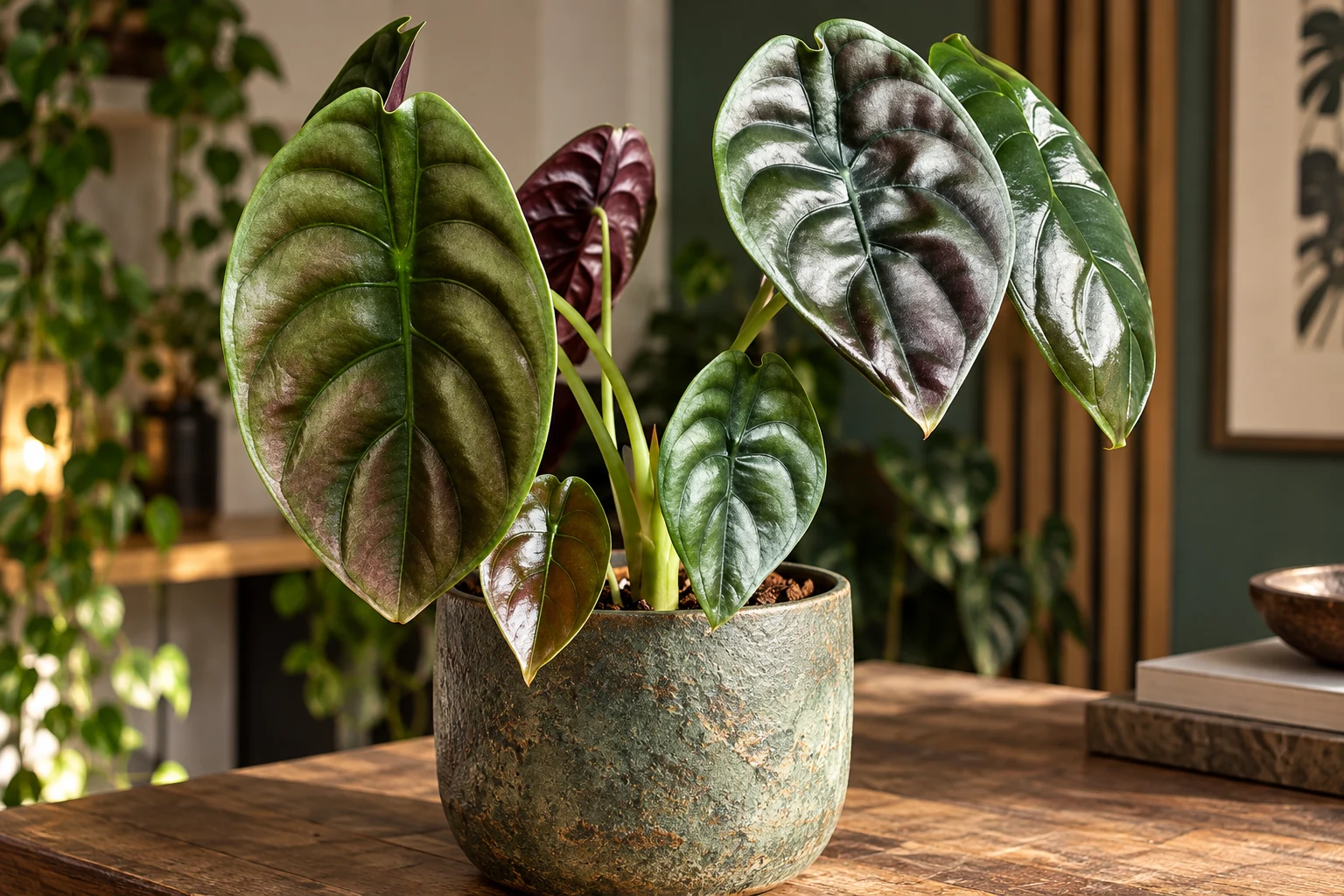 Alocasia cuprea en pot, aux feuilles nervurées brillantes mêlant reflets argentés, verts et cuivrés.
