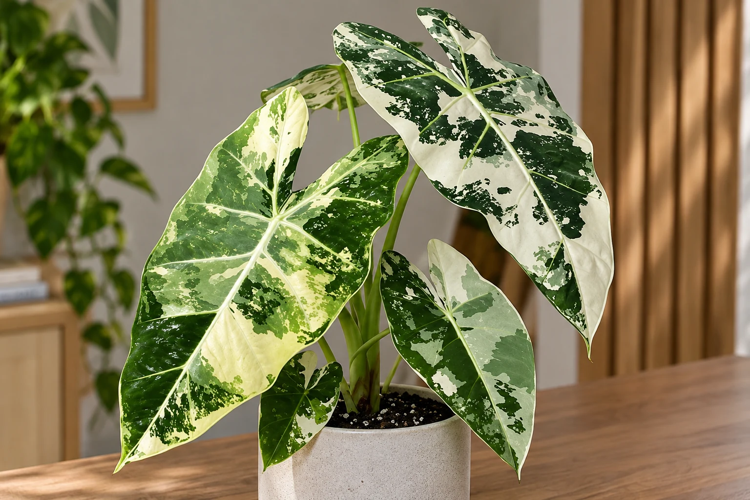 Alocasia micholitziana « Frydek Variegata » en pot clair, aux feuilles allongées panachées de vert et de blanc crème.