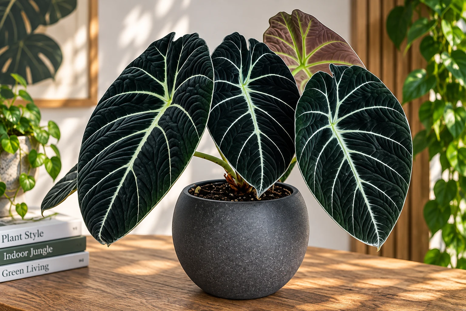 Alocasia reginula en pot arrondi, aux feuilles sombres nervurées de blanc et au revers pourpre visible.