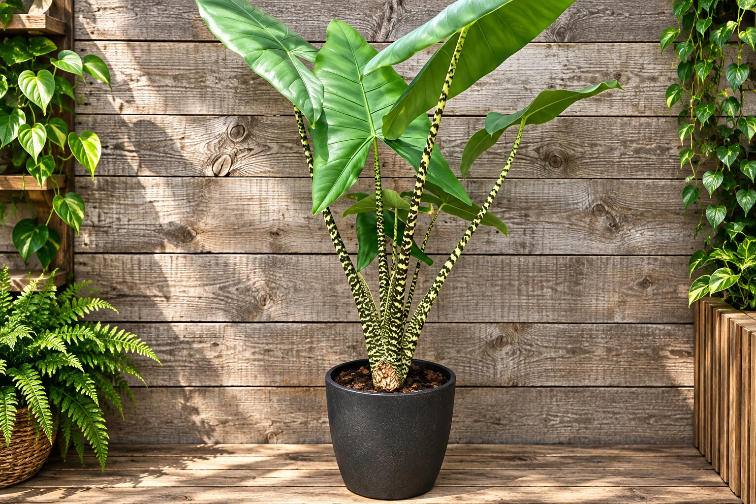Alocasia zebrina en pot noir, aux longs pétioles zébrés devant une paroi de bois.