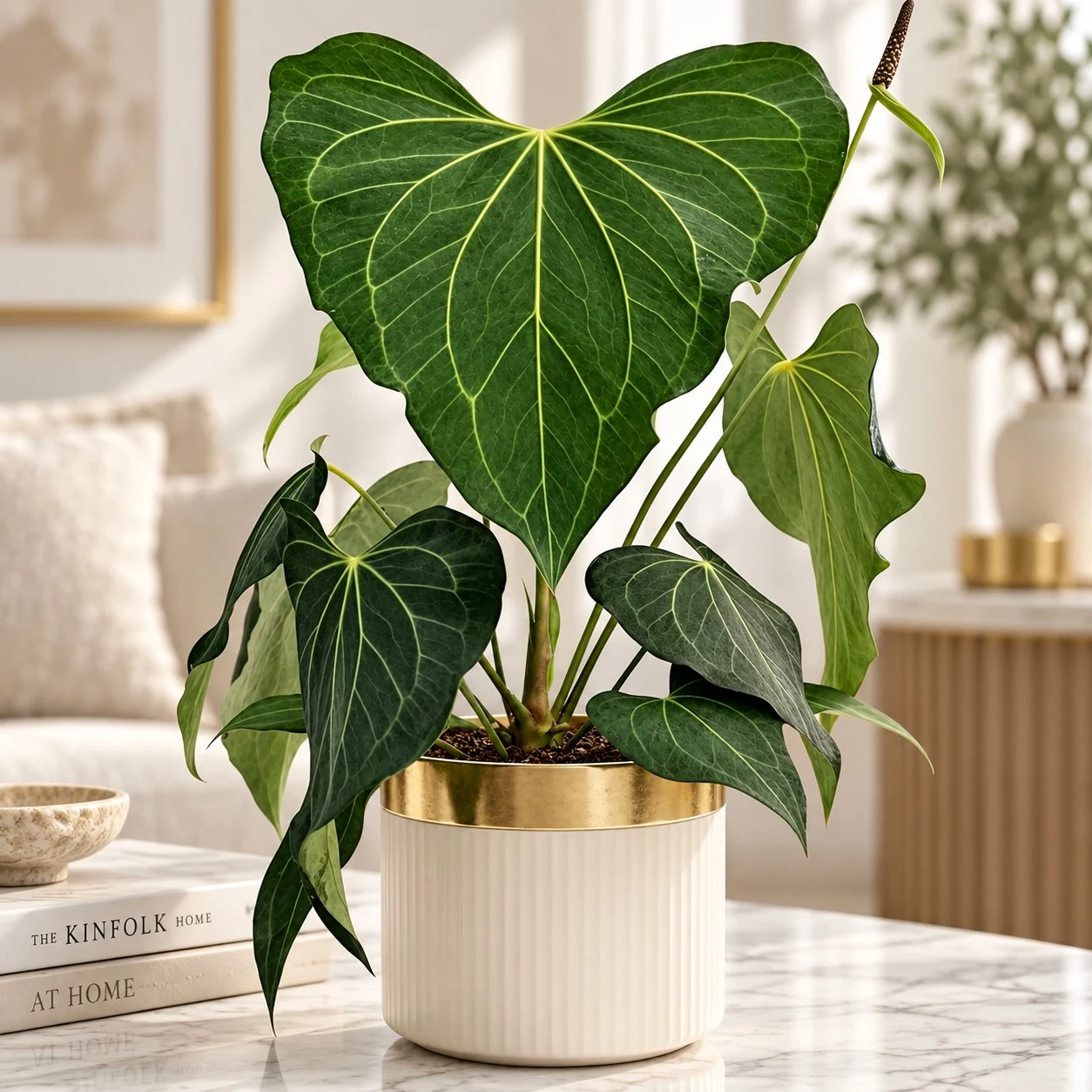 Anthurium ‘Delta Force’ en pot blanc bordé de doré, avec une grande feuille vert foncé parcourue de nervures claires.