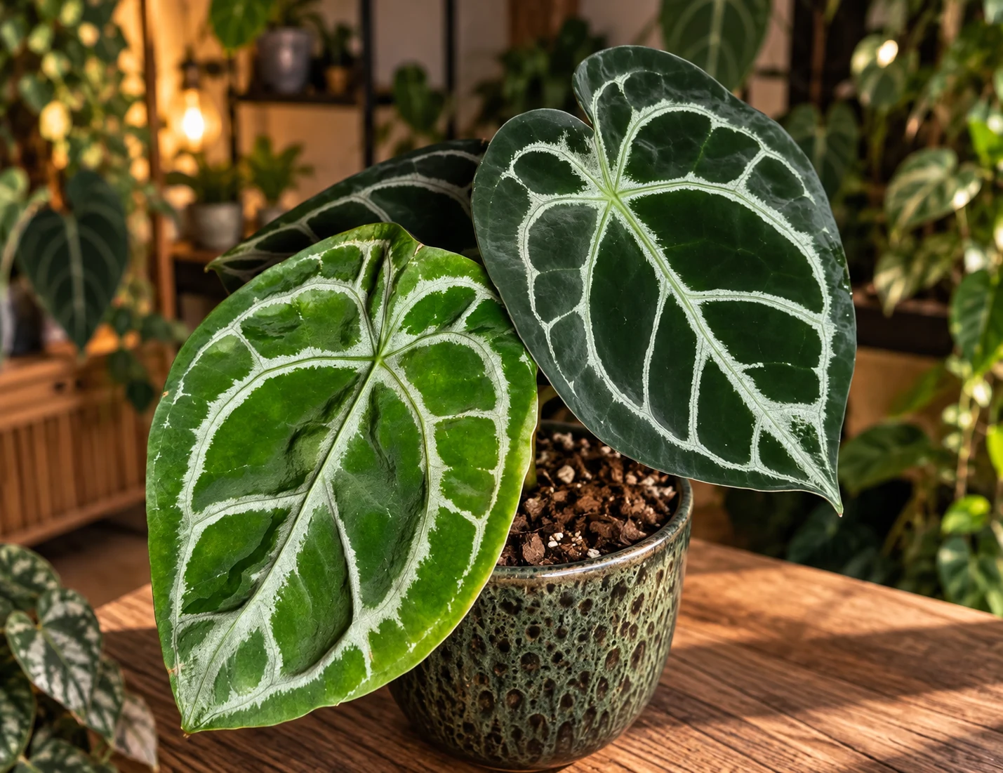 Anthurium forgetii dark form × ‘Silver Blush’ en pot moucheté, aux feuilles vertes soulignées de larges nervures argentées.