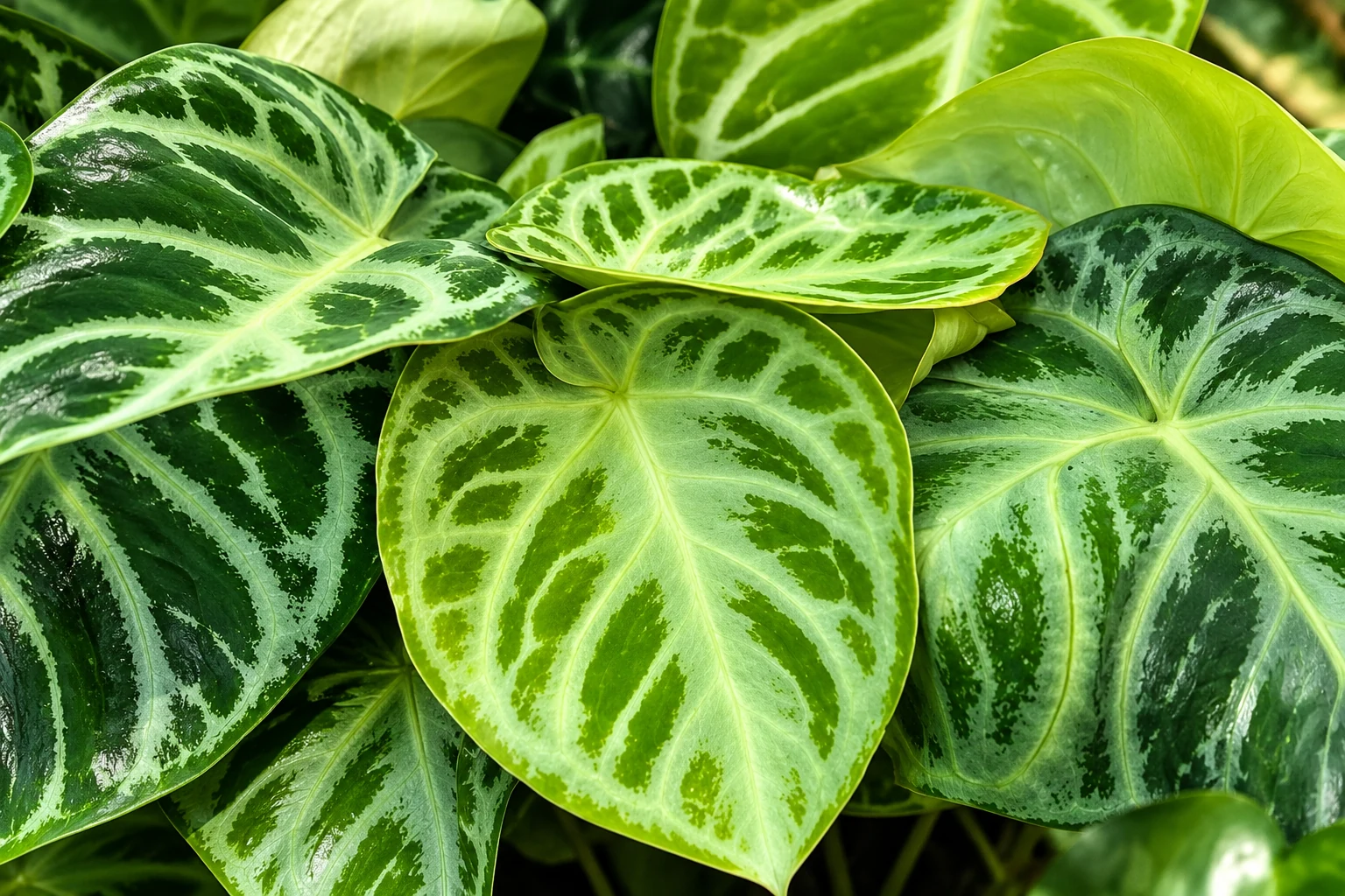 Feuilles superposées d’Anthurium forgetii, aux motifs vert clair rayonnant autour des nervures.