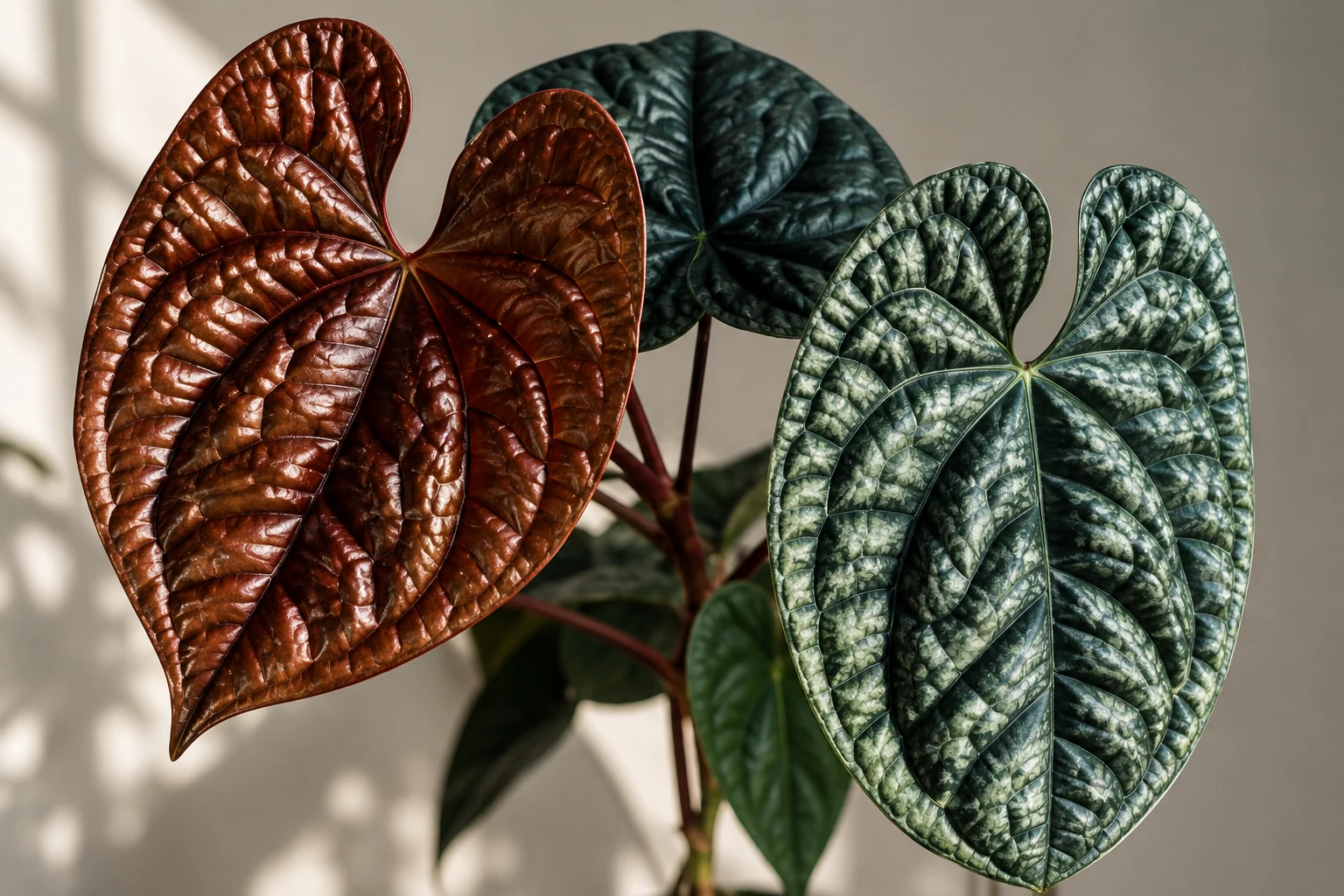 Feuilles gaufrées d’Anthurium luxurians, l’une cuivrée et l’autre vert foncé aux reflets argentés.