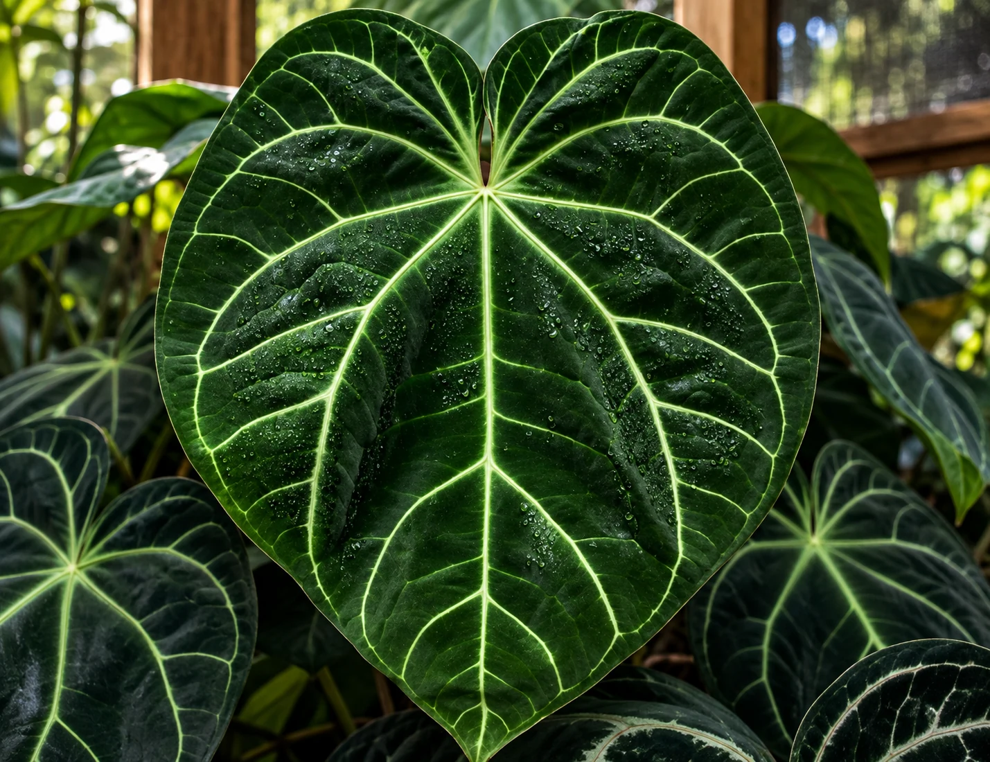 Feuille d’Anthurium magnificum Linden couverte de gouttelettes, aux nervures claires sur un limbe vert foncé.