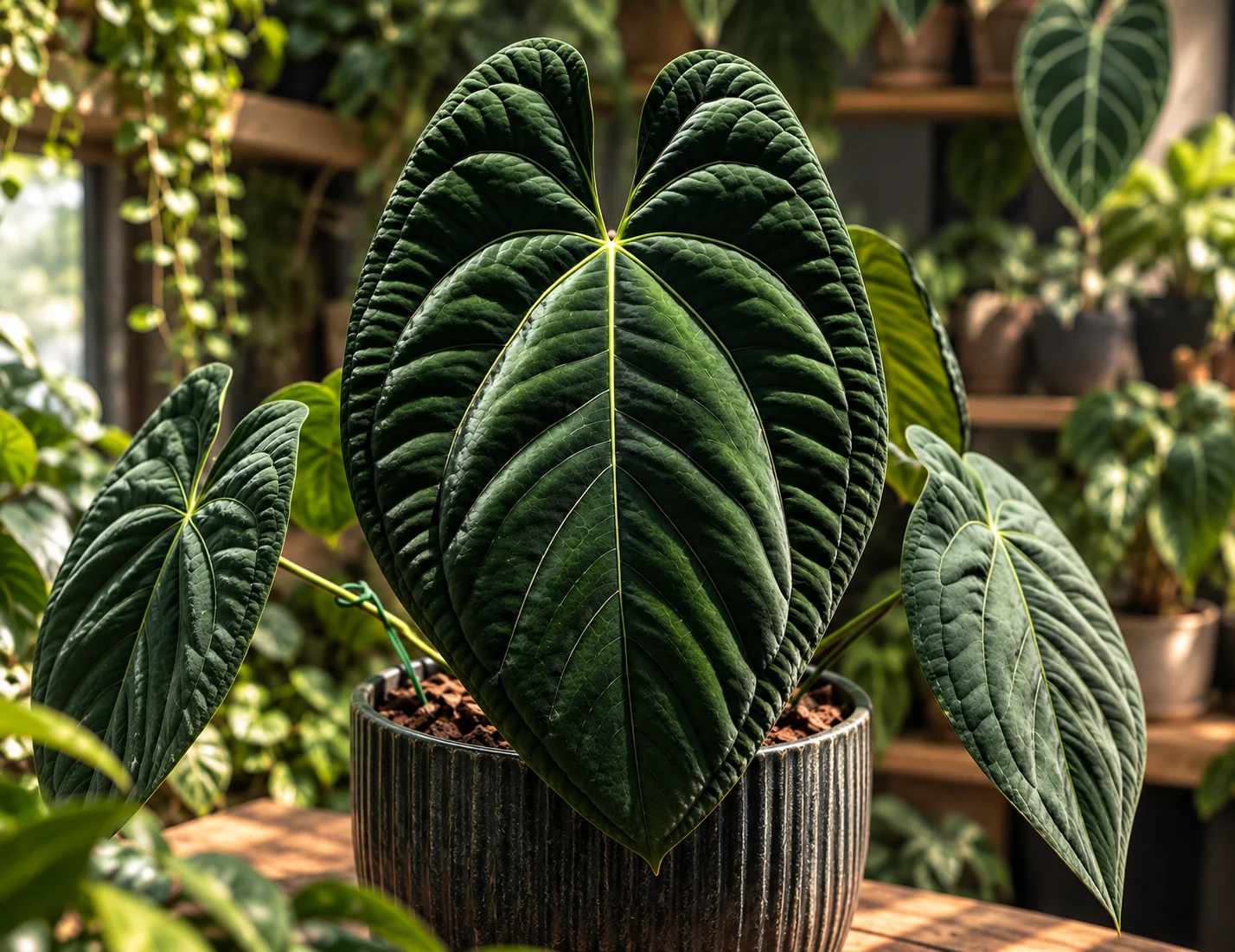 Anthurium papillilaminum × ‘Dark Phoenix’ en pot sombre, aux grandes feuilles vert foncé au relief marqué.