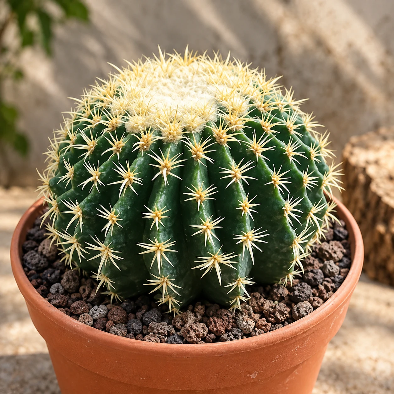 Echinocactus grusonii globulaire en pot de terre cuite, aux côtes vert sombre couvertes d’épines jaune pâle et au sommet laineux.