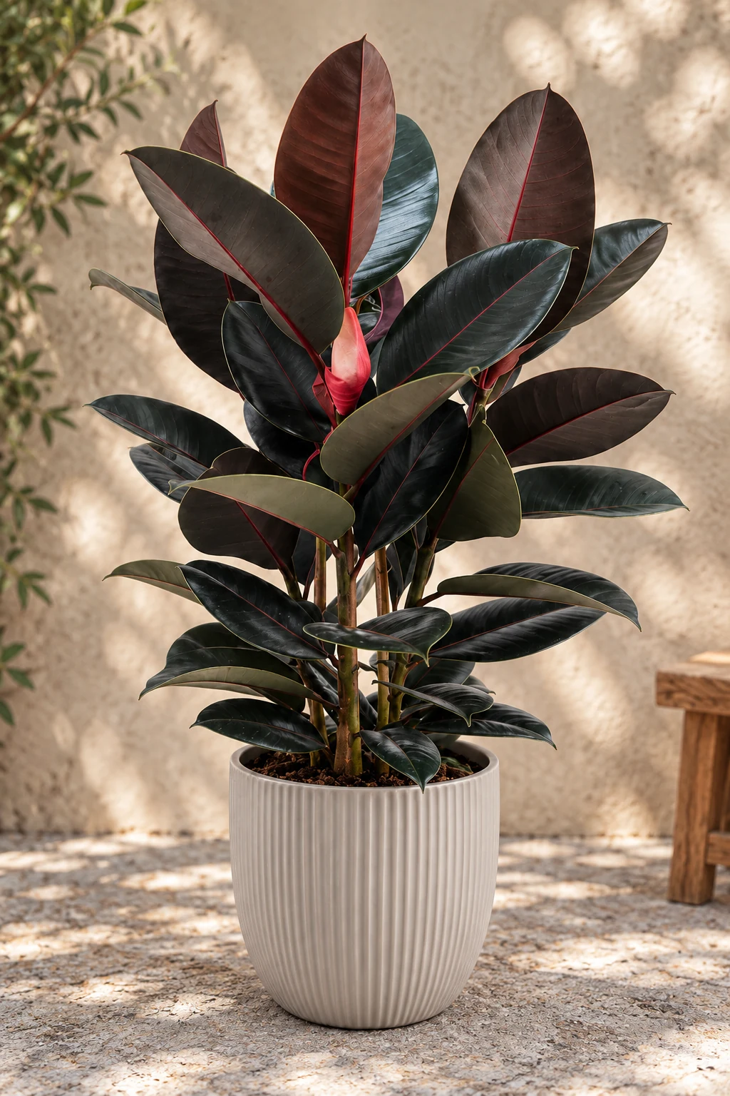 Ficus elastica « Abidjan » en pot clair, au port dressé et aux feuilles épaisses vert très sombre à brun bordeaux.