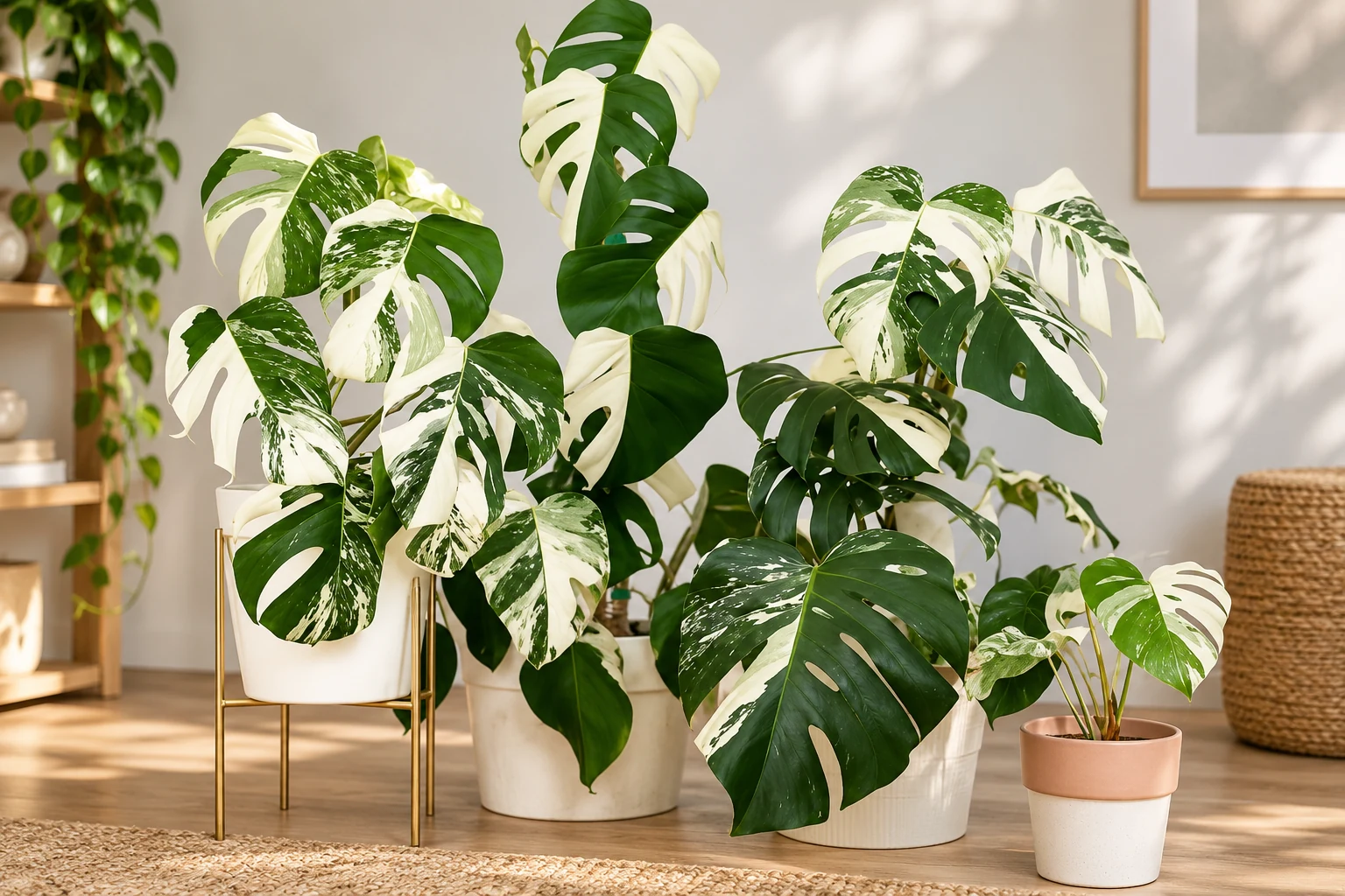 Groupe de Monstera deliciosa Variegata en pots, aux feuilles découpées mêlant secteurs blancs et marbrures vertes.