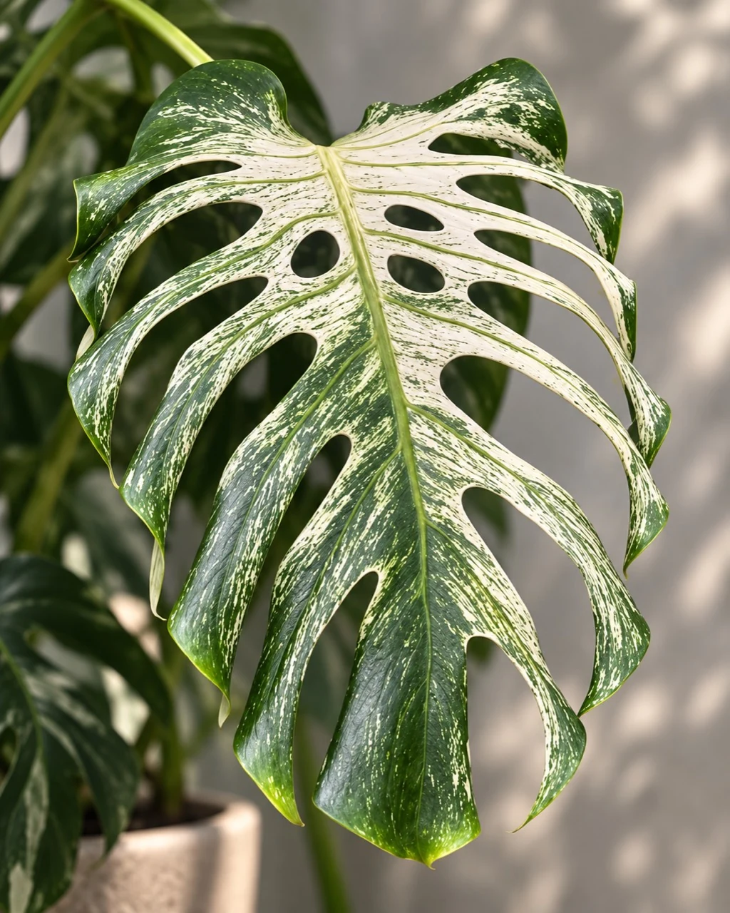 Grande feuille fenêtrée de Monstera deliciosa ‘Devil Monster’, fortement marbrée de blanc crème et de vert.