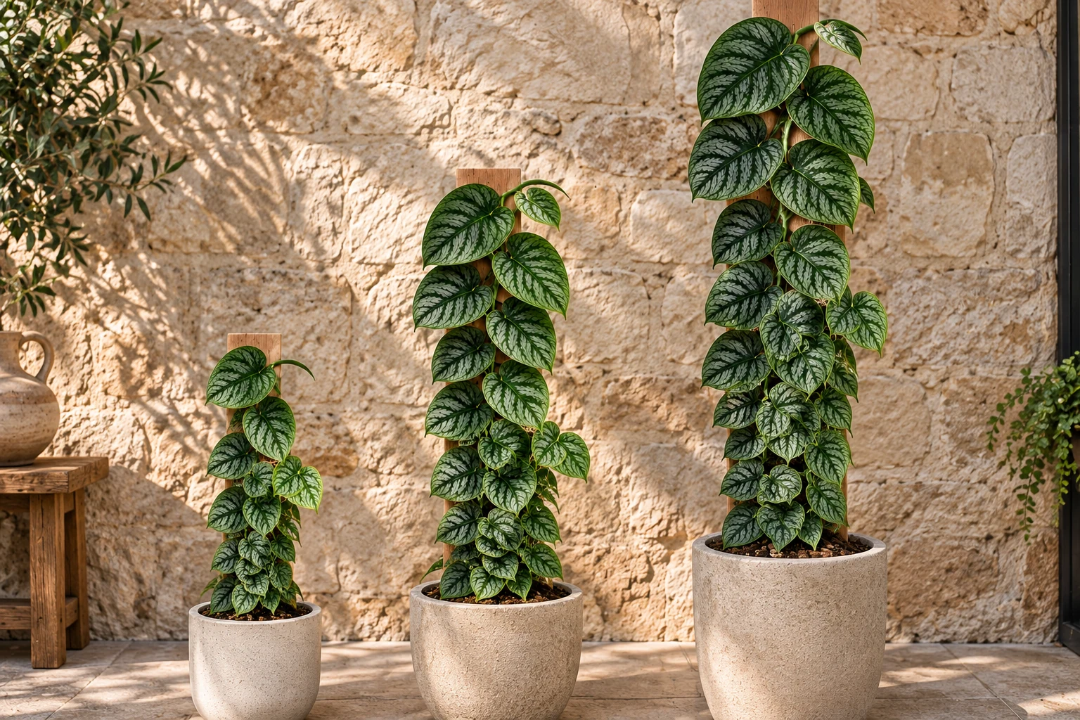 Trois Monstera dubia de tailles différentes grimpant sur des planches en bois, aux feuilles vertes marquées d’argent, devant un mur de pierre.