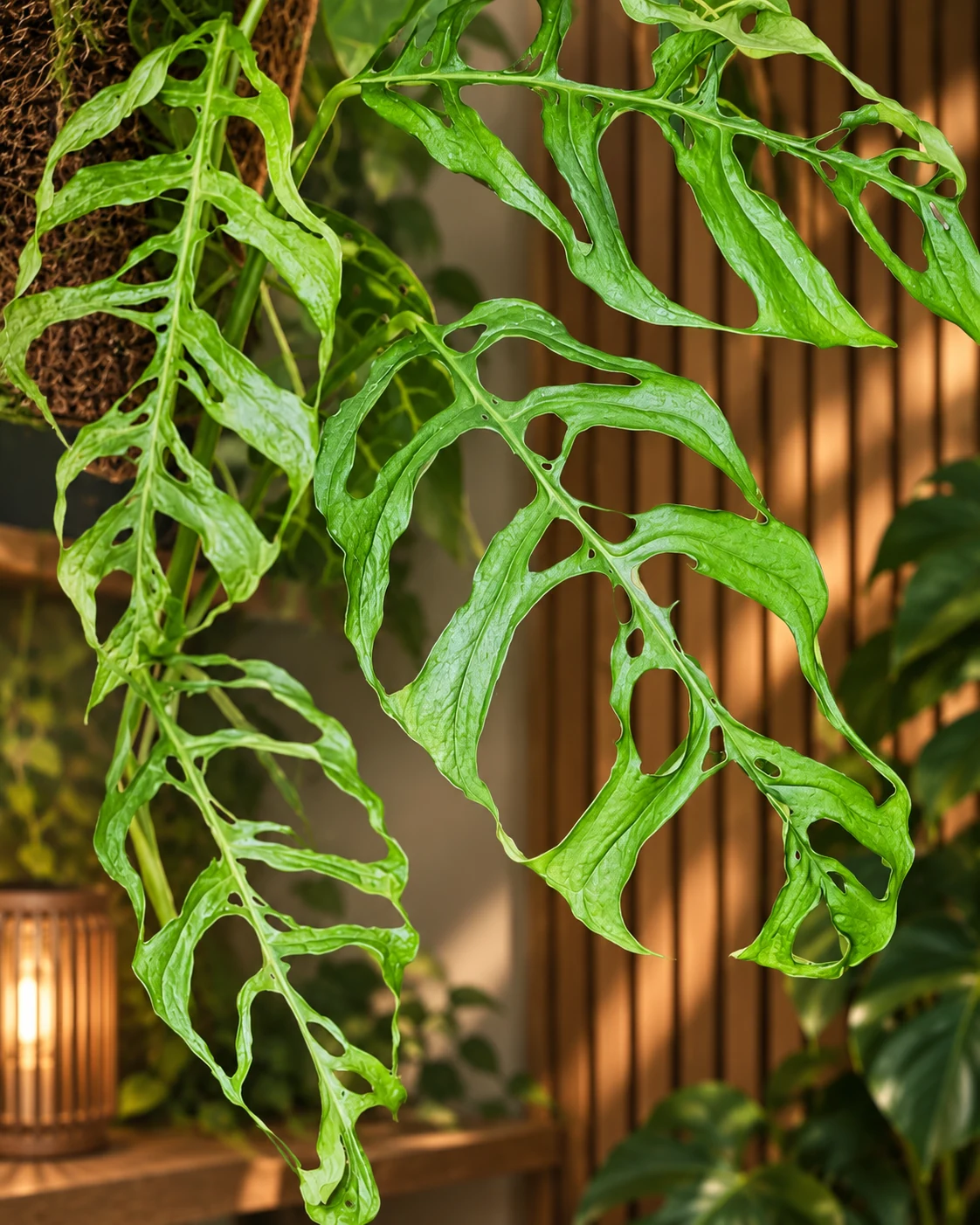 Feuilles de Monstera obliqua aux grandes ouvertures irrégulières, près d’un tuteur fibreux.