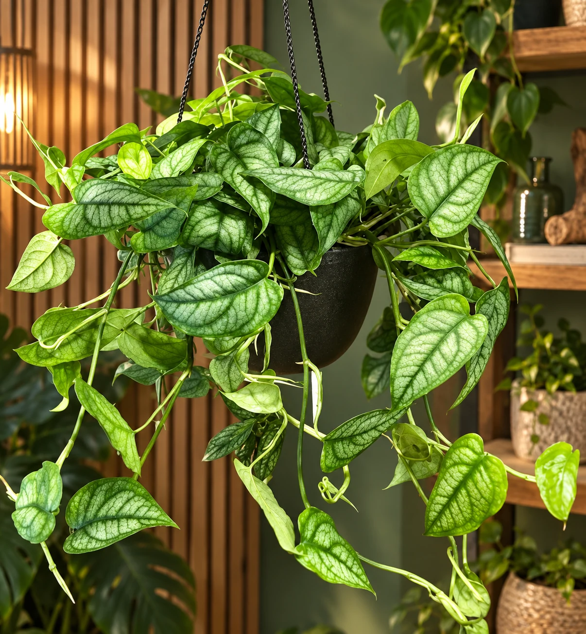 Monstera siltepecana en suspension, aux tiges retombantes et aux feuilles argentées parcourues de nervures vertes.