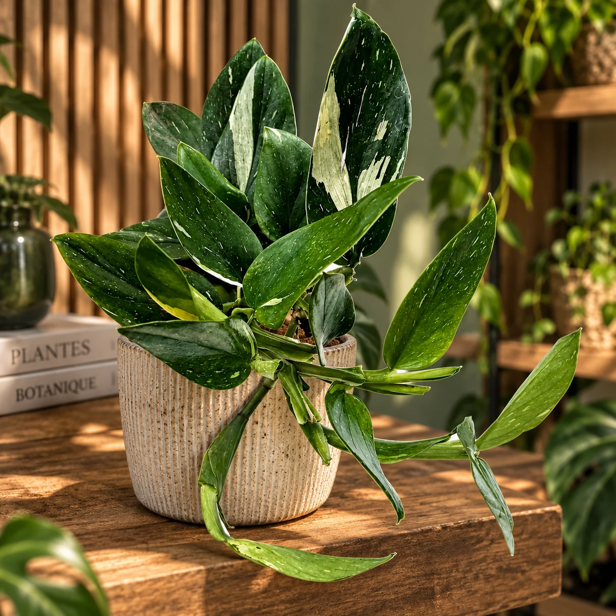 Monstera standleyana en pot strié, aux feuilles allongées vertes mouchetées de crème et aux tiges retombantes.