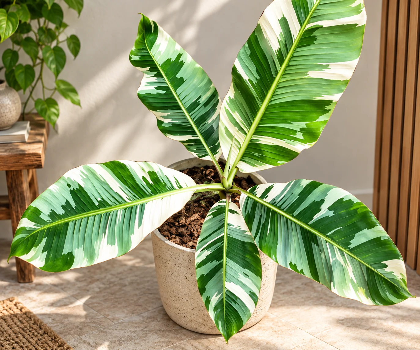 Musa ‘Florida Variegata’ en pot clair, aux grandes feuilles vertes irrégulièrement panachées de blanc crème.