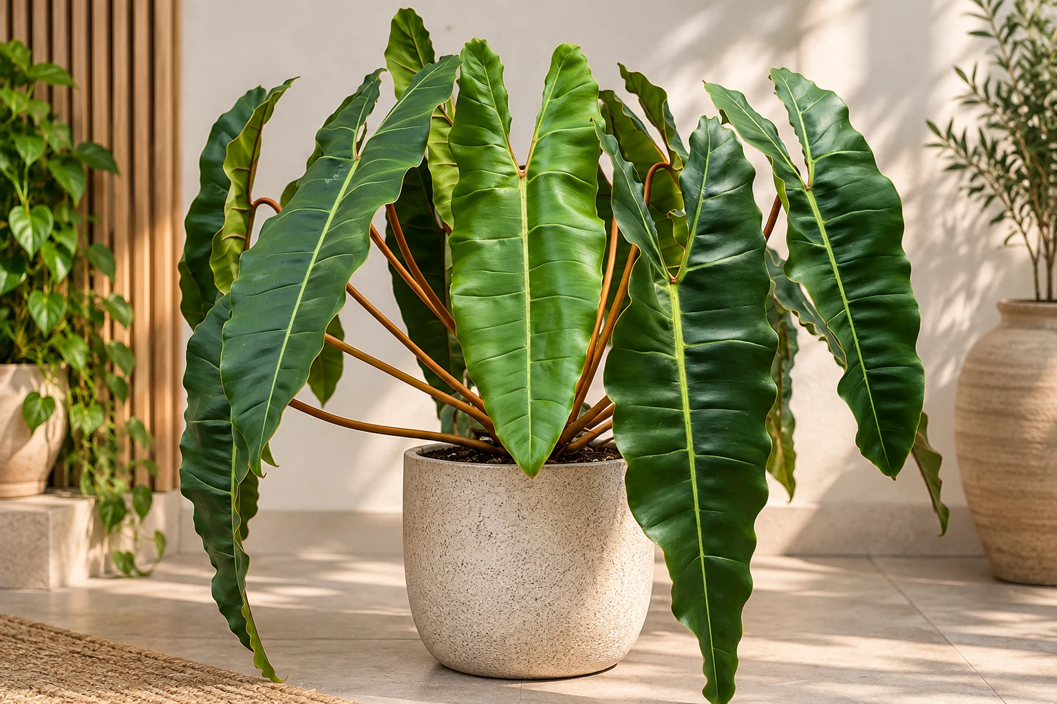 Philodendron billietiae en pot clair, aux longues feuilles vertes ondulées et aux pétioles orangés.