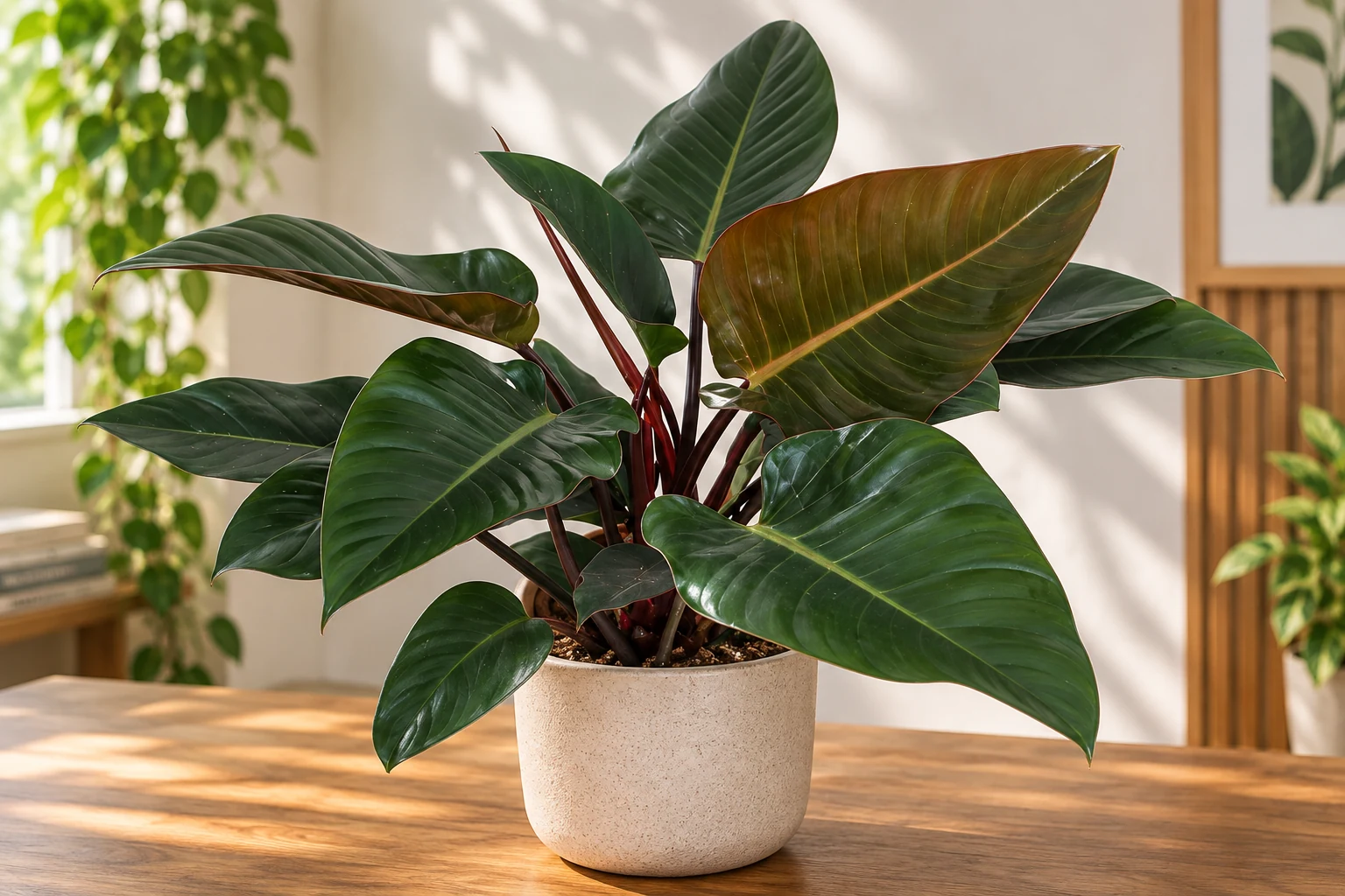 Philodendron Royal Queen en pot clair, aux feuilles vert sombre et bronze et aux pétioles bordeaux.