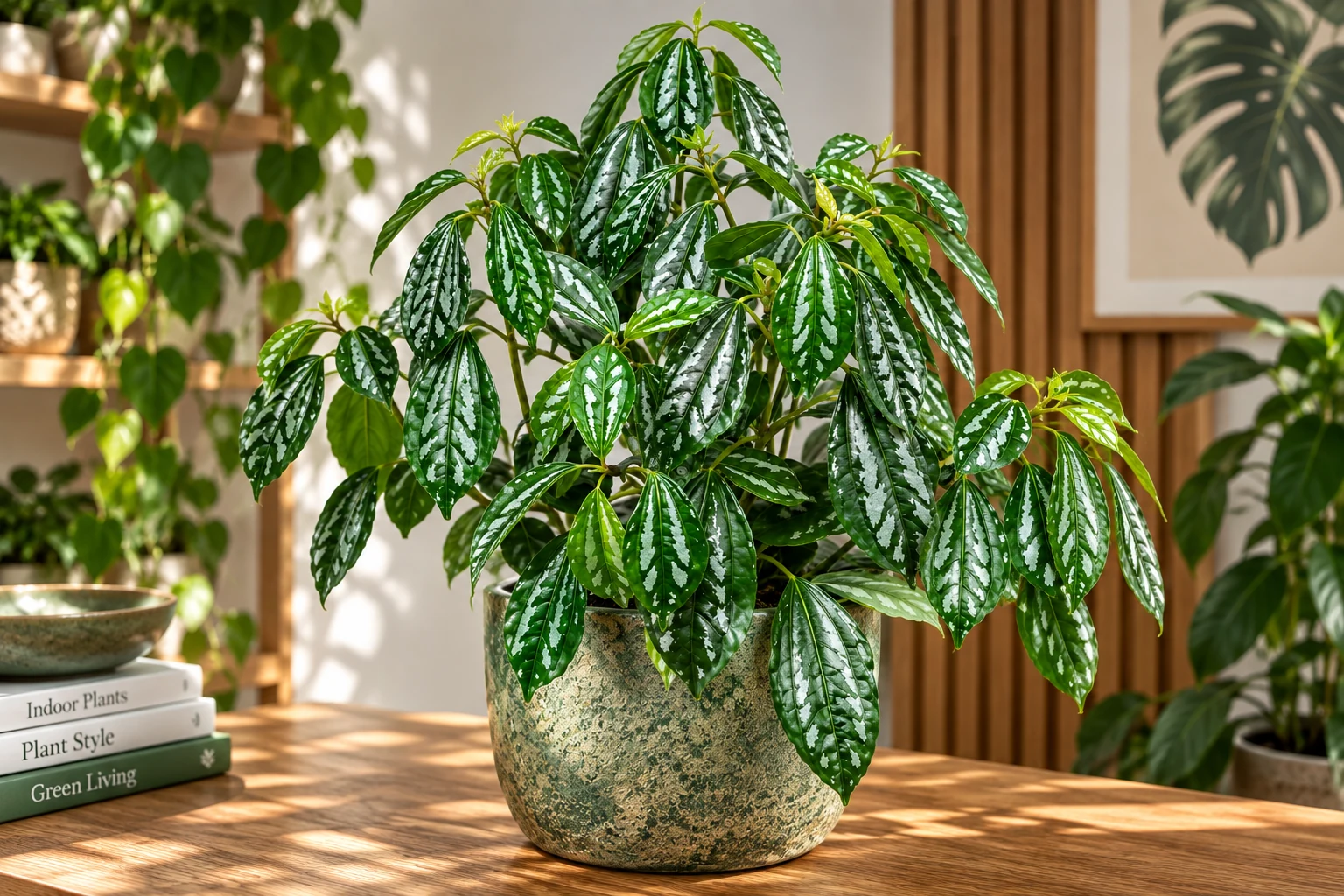 Pilea cadierei en pot, au port ramifié et aux feuilles vertes allongées marquées de plages argentées.