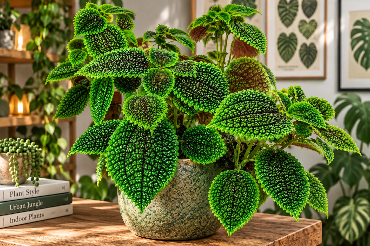 Pilea involucrata ‘Moon Valley’ en pot, aux feuilles gaufrées vert vif à centre sombre et revers brun visible.