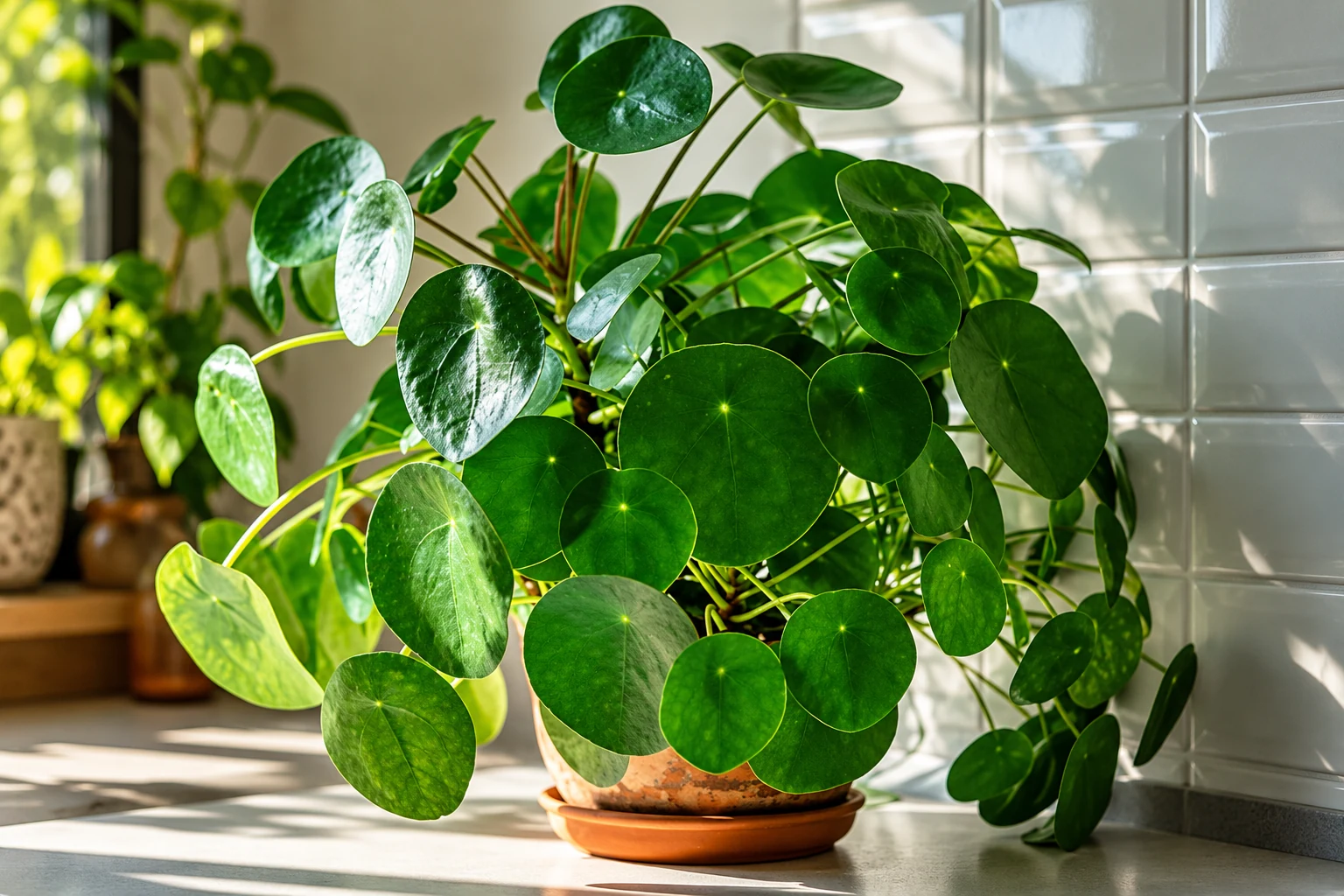 Pilea peperomioides en pot de terre cuite près d’une fenêtre, aux feuilles rondes éclairées de côté.