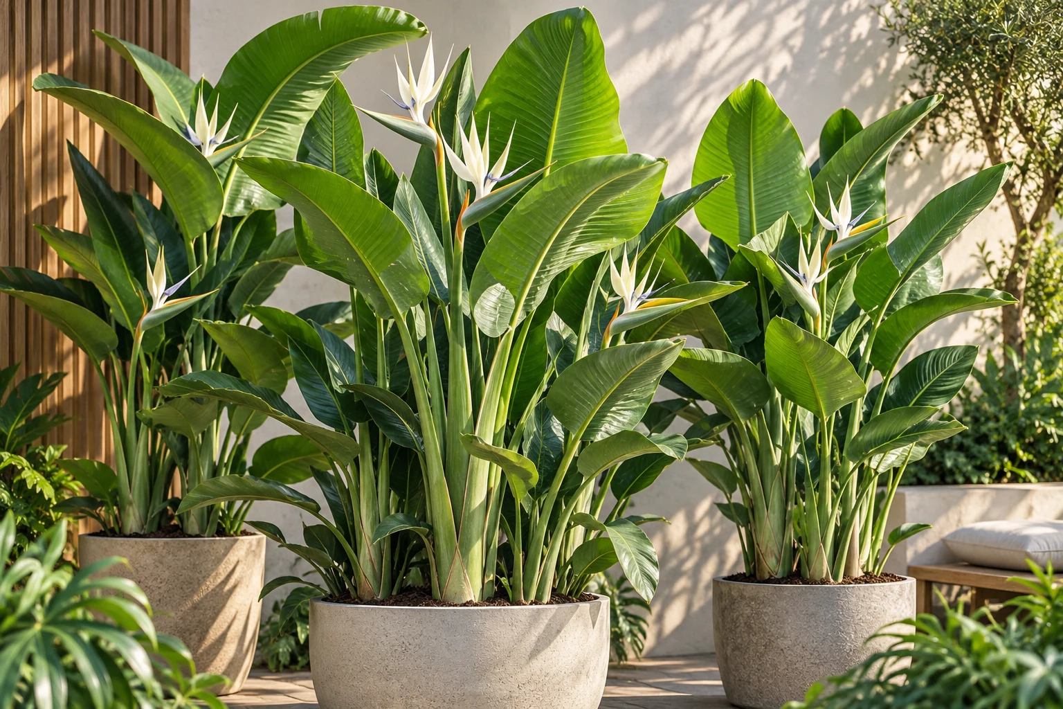 Strelitzia alba en grands pots, au feuillage dressé et aux inflorescences blanches, dans un patio lumineux.