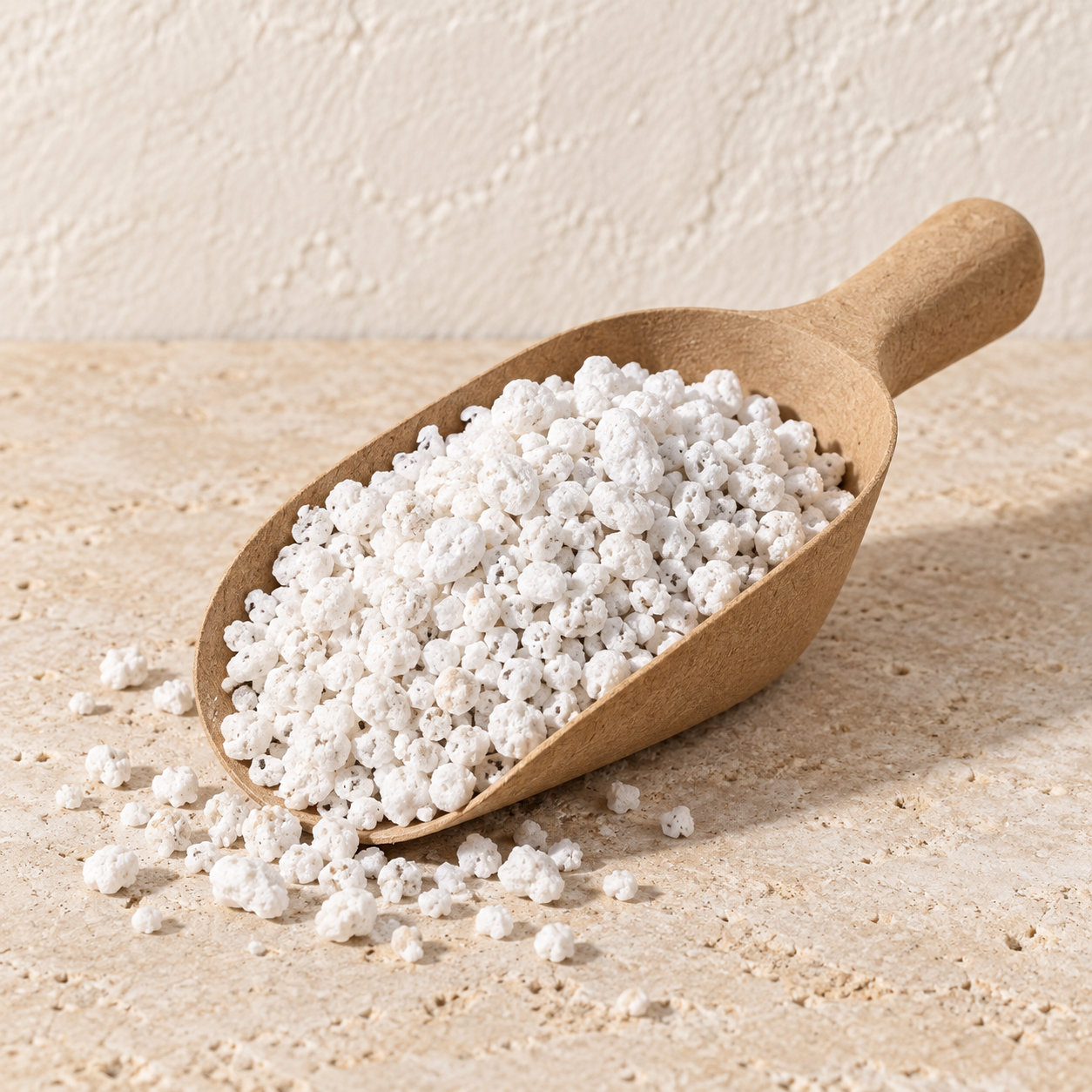 Perlite horticole blanche vendue en vrac au litre dans une pelle en bois